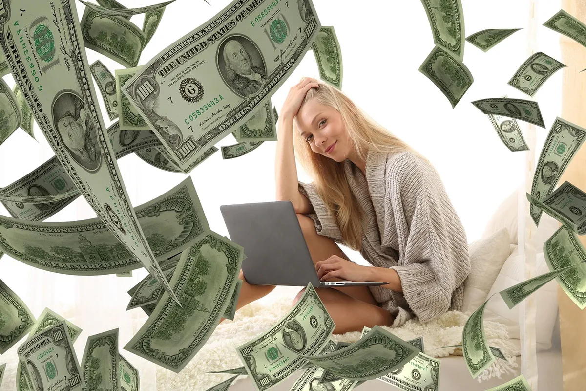 女性、ラップトップ、お金、収入、ドル、札、マーケティング、稼ぐ、コンピュータ、成功、仕事、から、自宅、アフィリエイト、オンライン、収入、収入、アフィリエイト、アフィリエイト、アフィリエイト