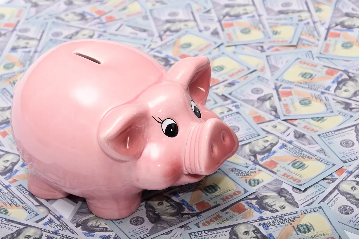 ピンクの陶器の貯金箱が米ドル紙幣の広がりを表しており、貯金と財政的安定を象徴しています。