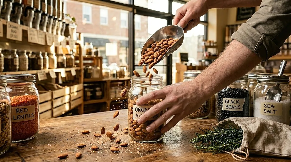 refilling, jar, almonds, store, bulk, eco-friendly, organic, sustainable, zero-waste, lifestyle, environment, shopping, loading, grocery, rosemary, preservation