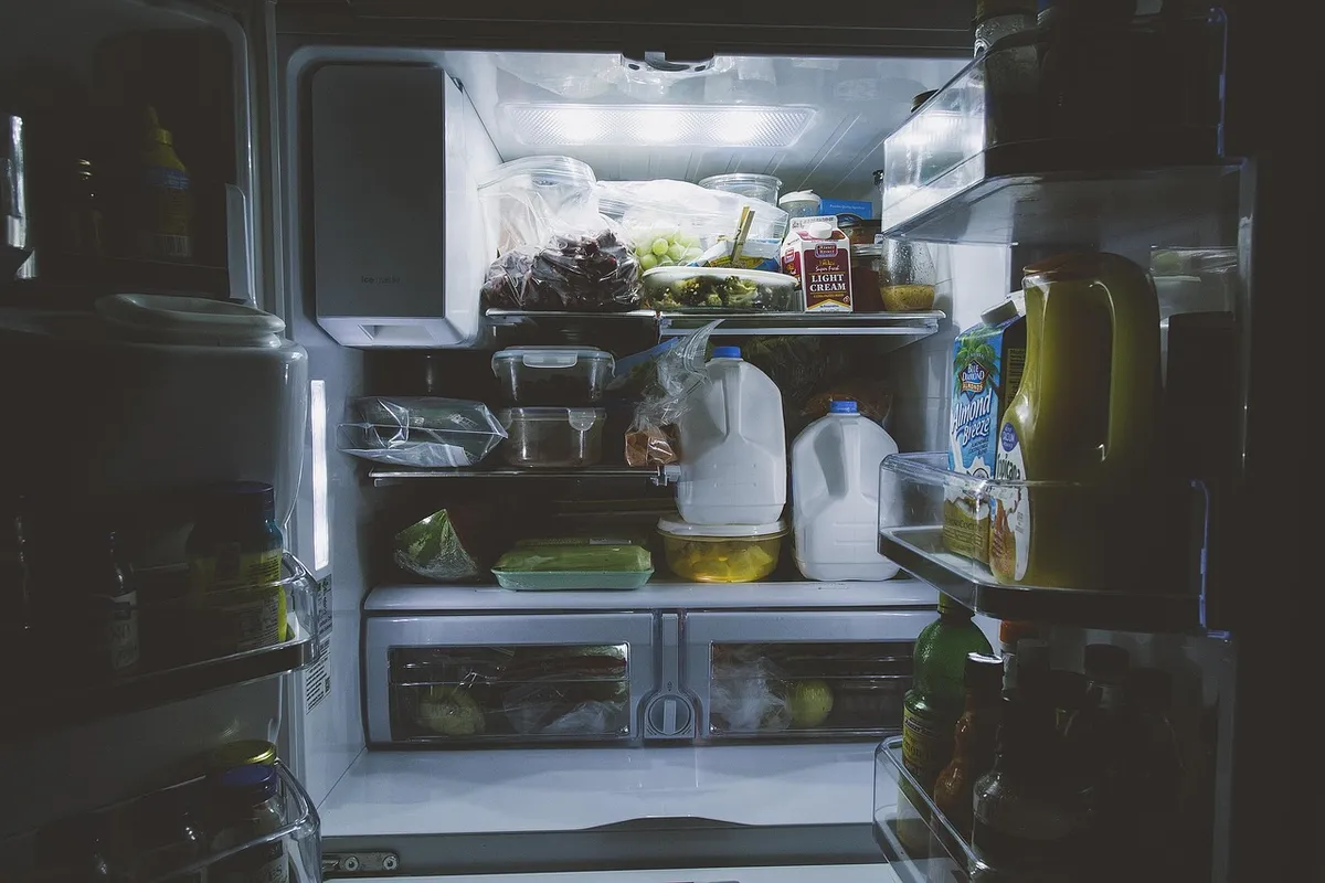 bottles, food, gallon, inside, light, milk, refrigerator, shelf, vegetables, refrigerator, refrigerator, refrigerator, refrigerator, refrigerator